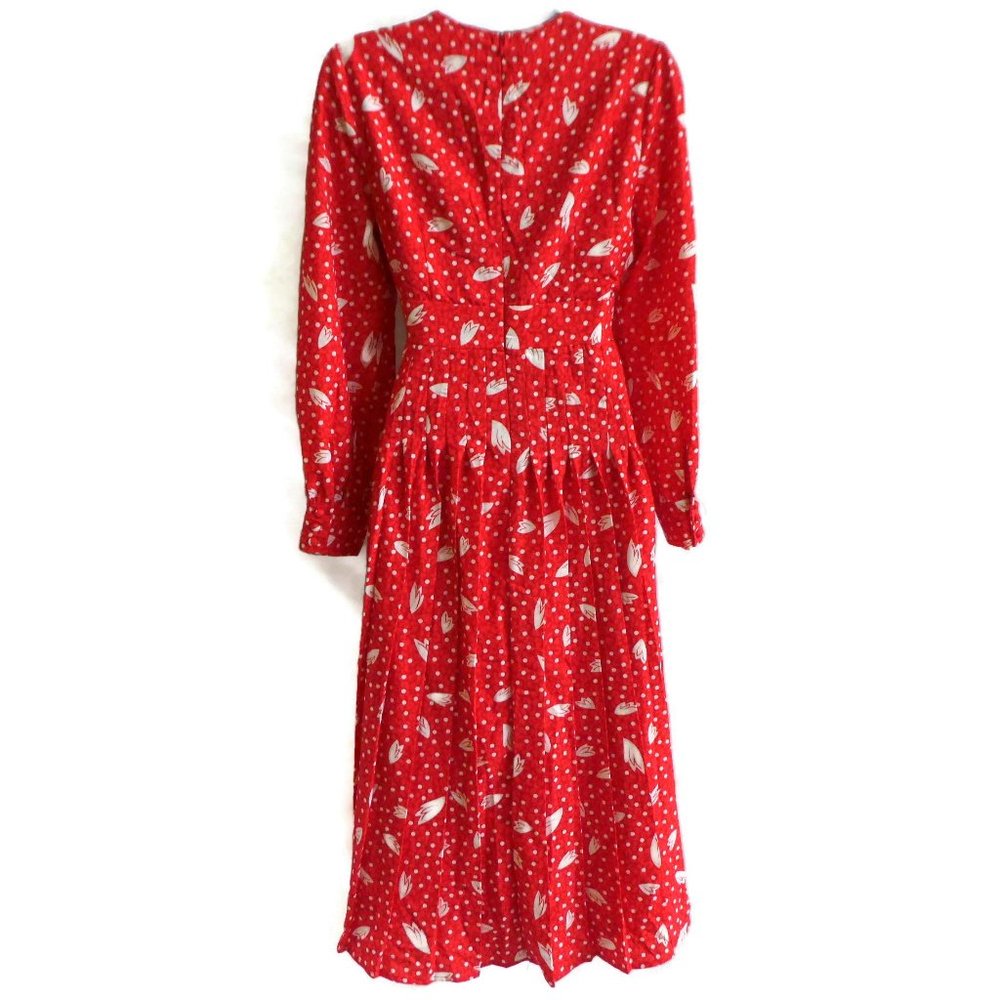 Vintage Style 80s Does 50s Dress Shirtwaist Red Polka Dot Zip Back Puff Sleeve - Picture 9 of 12